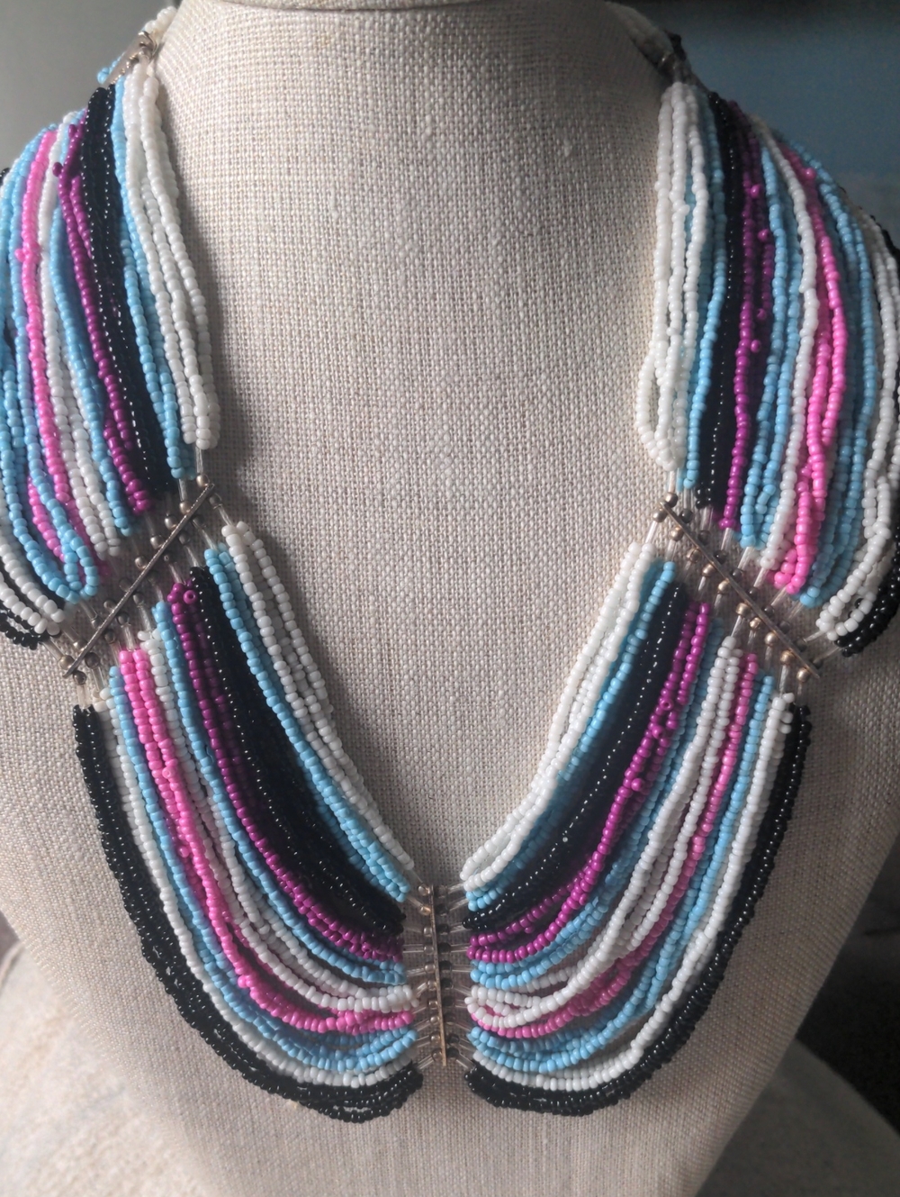 Multistrand Seed Bead Statement Necklace & Earrings, White, Blue, Pink & Black,
